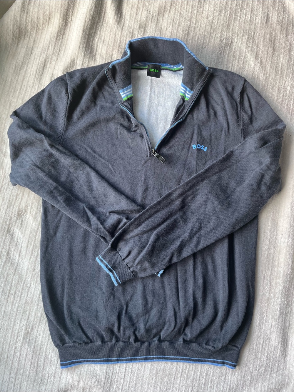 Boss Men's Dark Navy Half-Zip Sweater with Light Blue Trim